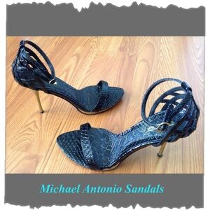Michael Antonio Black Strappy High-Heel Sandals with Gold Stiletto Heel